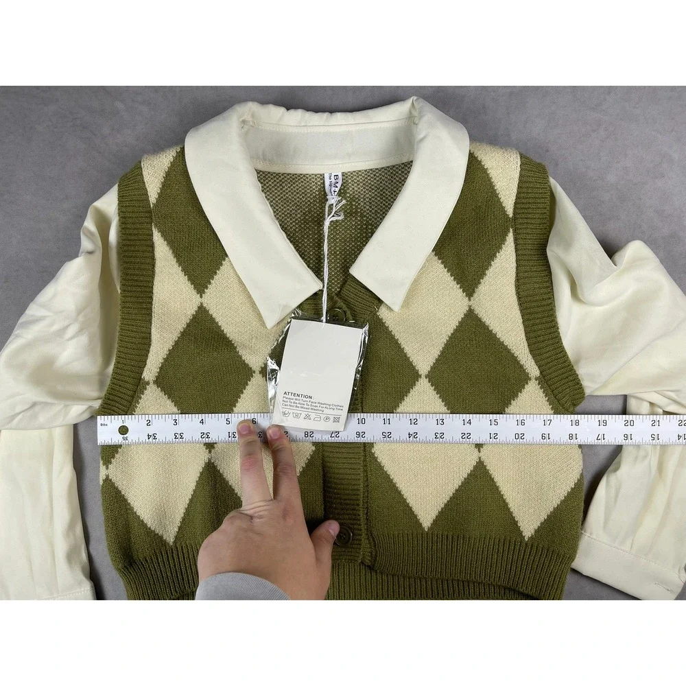 Bao Mi Hua Argyle Knit Cropped Cardigan Vest‎ & White Shirt Set Green Cream NEW